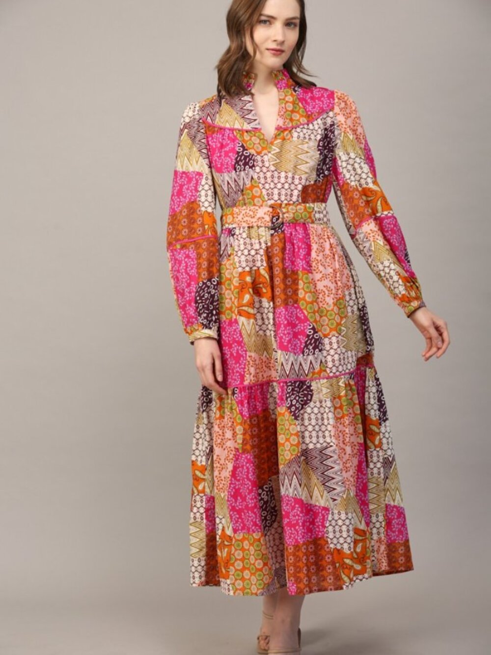 FATE Boutique 70s Inspired Patchwork Boho Fall Maxi Dress Belted NWT Sz S